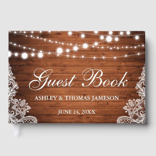 Rustic Wedding Wood String Lights Lace Gastenboek (Voorkant)