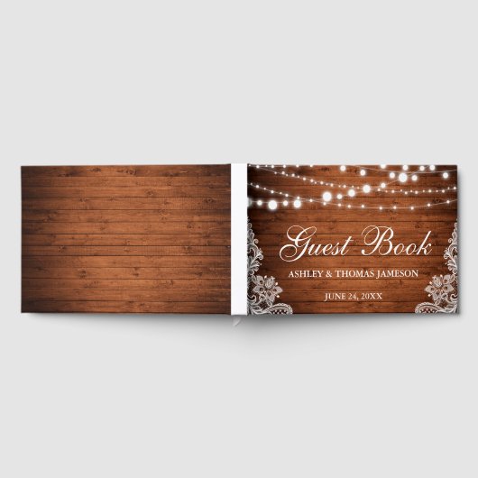 Rustic Wedding Wood String Lights Lace Gastenboek (Volledig)