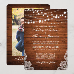 Rustic Wedding Wood String Lights Lace Invite PBR Kaart