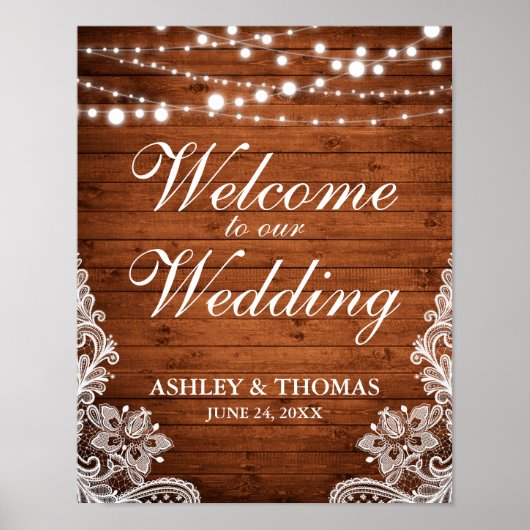 Rustic Wedding Wood String Lights Lace Poster (Voorkant)
