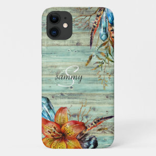 Rustic Western Turquoise Wood Boho Floral Monogram iPhone 11 Hoesje