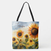 Rustic Whimsical Waterverf Sunflower Monogram Draagtas (Achterkant)