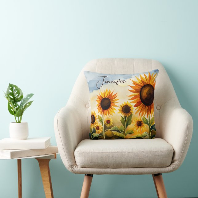 Rustic Whimsical Waterverf Sunflower Monogram Kussen (Stoel)