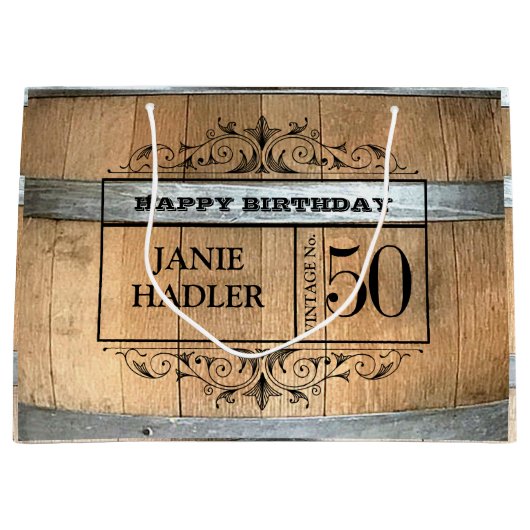 Rustic Whiskey Barrel 50th Birthday Groot Cadeauzakje (Voorkant)