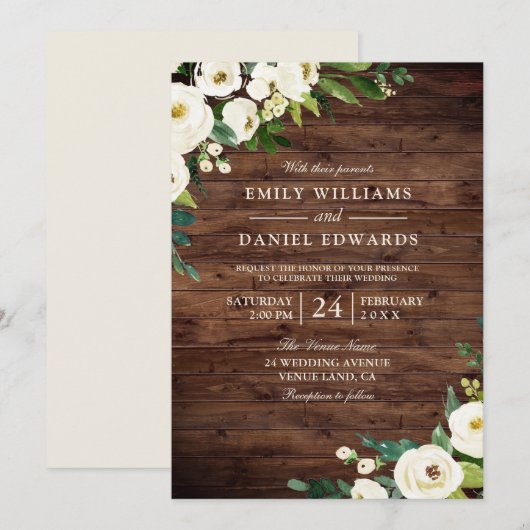 Rustic White Champagne Flowers Wedding Invitation Kaart (Voorkant / Achterkant)