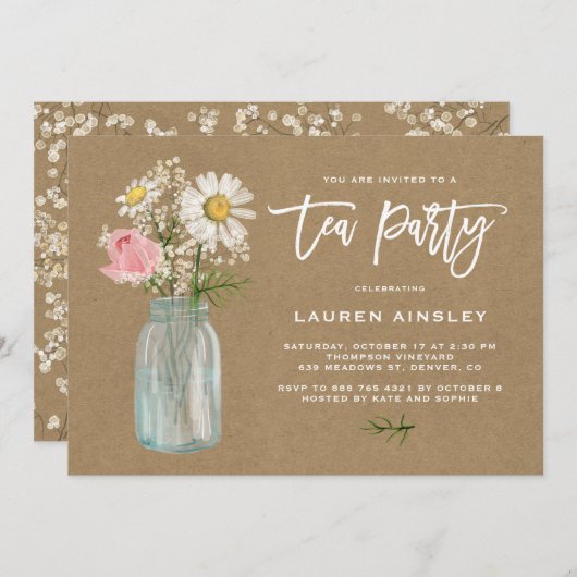 Rustic White Daisy in Mason Jar Kraft Tea Party Kaart (Voorkant / Achterkant)