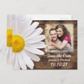 Rustic White Daisy Wood Foto bruiloft Opslagdatum Aankondigingskaart (Voorkant / Achterkant)