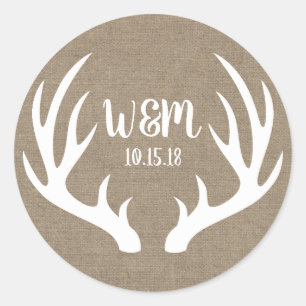 Rustic White Deer Antlers Burlap Couple's Initiale Ronde Sticker