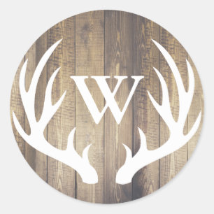 Rustic White Deer Antlers Farmhouse Initiaal Lette Ronde Sticker
