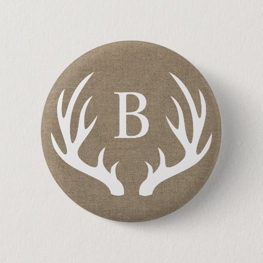 Rustic White Deer Antlers & Faux Burlap | Monogram Ronde Button 5,7 Cm (Voorkant)