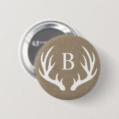 Rustic White Deer Antlers & Faux Burlap | Monogram Ronde Button 5,7 Cm (Voorkant /achterkant)