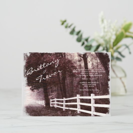 Rustic White Fence Forest Tree Wedding Invitations Kaart (Staand voorkant)