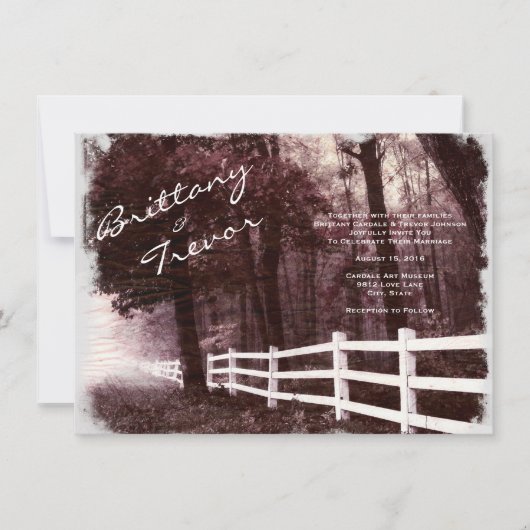 Rustic White Fence Forest Tree Wedding Invitations Kaart (Voorkant)