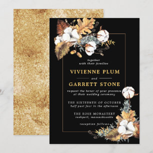 Rustic White Floral Gold Autumn Leaves Wedding Kaart
