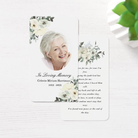 Rustic White Floral Photo Funeral Prayer Card Visitekaartje (Bureau)