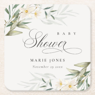 Rustic White Greenery Floral Bunch Baby shower Vierkante Kartonnen Onderzetter