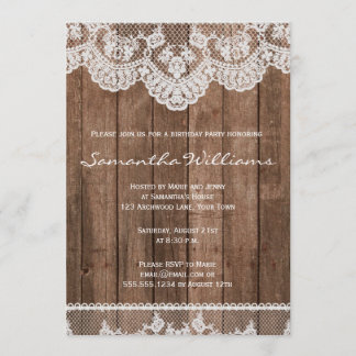 Rustic White Lace and Wood Birthday Invitation Kaart