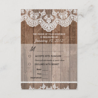 Rustic White Lace en Wood RSVP met maaltijdopties Kaartje