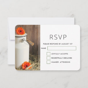 Rustic White Milk Jug met Flowers Wedding RSVP Kaartje