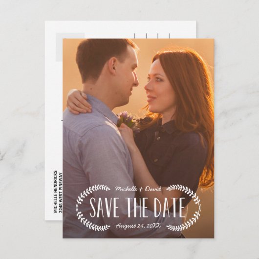 Rustic White Overlay Photo Save the Date Aankondigingskaart (Voorkant / Achterkant)