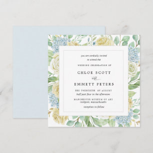 Rustic White Rose Blue Hydrangea Square Wedding Kaart