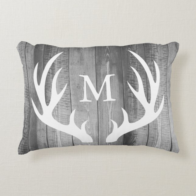 Rustic White Silhouette Buck Antlers & Grey Wood Accent Kussen (Voorkant)