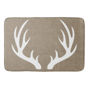 Rustic White Silhouetted Deer Antlers Faux Burlap Badmat