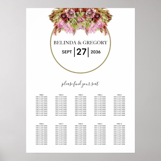Rustic Wild Flower Bouquet Wedding Seating Chart Poster (Voorkant)