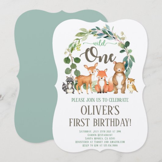 Rustic Wild One Woodland Birthday Invitation Boy Kaart (Voorkant / Achterkant)
