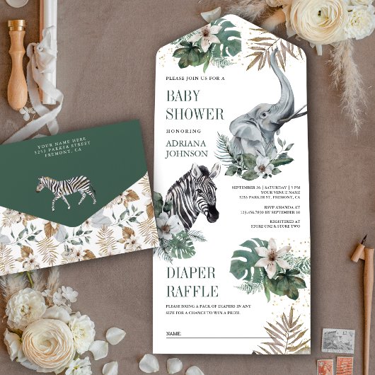 Rustic Wild Safari Zebra en olifant Baby shower All In One Uitnodiging