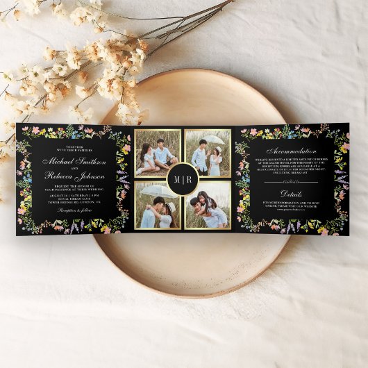 Rustic Wildflower Foto Collage Black Wedding Drieluik Uitnodiging