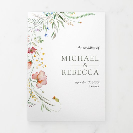 Rustic Wildflower Foto Collage QR Code Weddenschap Drieluik Uitnodiging (Cover)