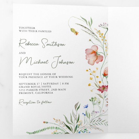 Rustic Wildflower Foto Collage QR Code Weddenschap Drieluik Uitnodiging (Binnenzijde eerst)