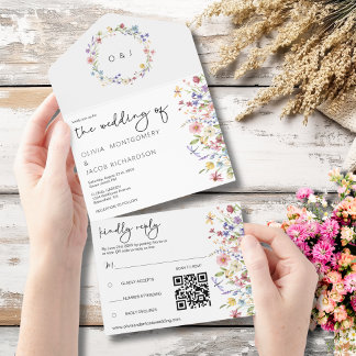 Rustic Wildflower Garden Wedding RSVP & QR-code All In One Uitnodiging