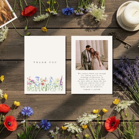 Rustic Wildflower Meadow Wedding Photo Bedankkaart