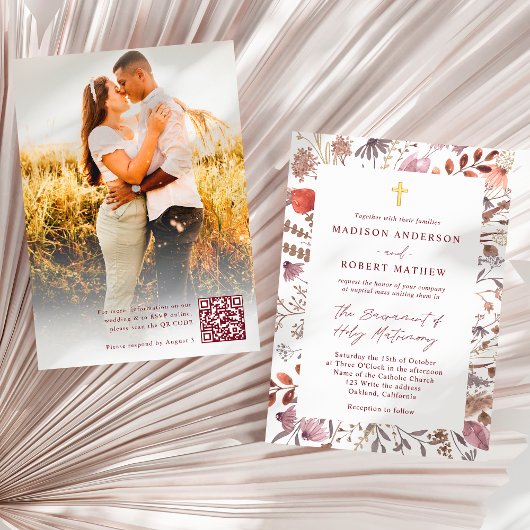 Rustic Wildflowers Photo QR Code Catholic Wedding Kaart