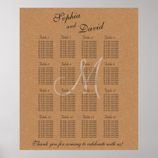 Rustic Wine Cork Monogram Seating Chart 16 Poster (Voorkant)