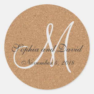 Rustic Wine Cork Wedding Monogram Ronde Sticker