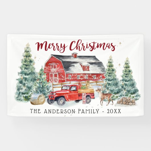 Rustic Winter Barn  Red Farmhouse Truck Spandoek (Horizontaal)