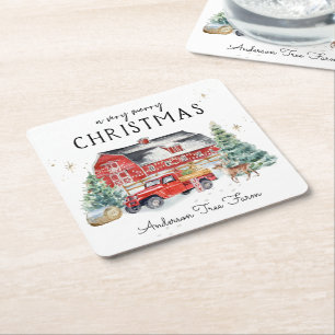 Rustic Winter Barn  Red Farmhouse Truck Vierkante Kartonnen Onderzetter