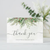 Rustic Winter Berries Pine Cone Greenery Wedding Bedankkaart (Staand voorkant)