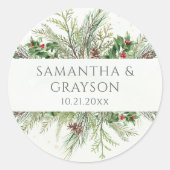 Rustic Winter Berries Pine Cone Greenery Wedding Ronde Sticker (Voorkant)