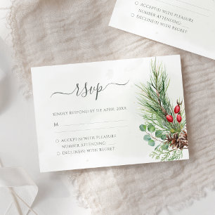 Rustic Winter Berries Pine Cone Greenery Wedding RSVP Kaartje