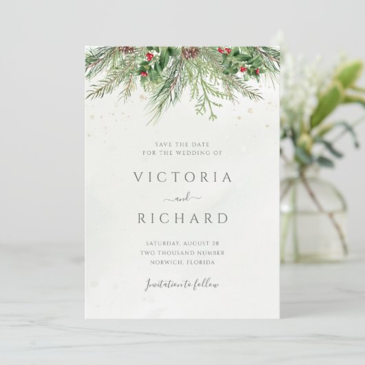 Rustic Winter Berries Pine Cone Greenery Wedding Save The Date (Staand voorkant)