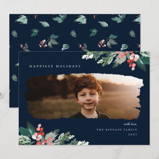 Rustic Winter Berry Greenery Photo Holiday Card Feestdagenkaart (Voorkant / Achterkant)