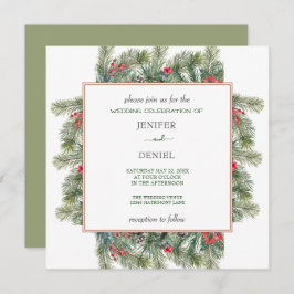 Rustic Winter Berry Pine Greenery Wedding Kaart
