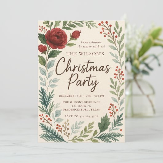Rustic Winter Blooms Christmas Invitation (Debout devant)