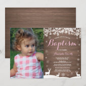 Rustic Winter Deer Baptême Girl Photo Invitation (Devant / Derrière)