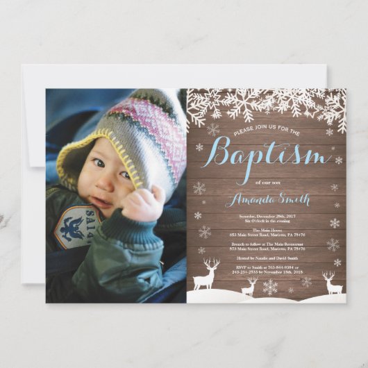 Rustic Winter Deer Baptism Boy Fotouitnodiging Kaart (Voorkant)