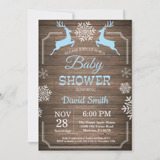 Rustic Winter Deer Snowflake Boy Baby shower Kaart (Voorkant)